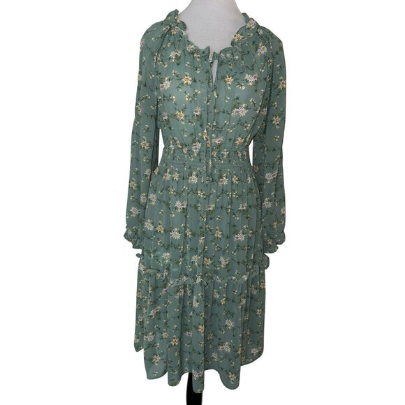 Lulus Floral Sage Green Long Sleeves & Ruffled Neckline Midi Dress Size Small - Picture 1 of 8
